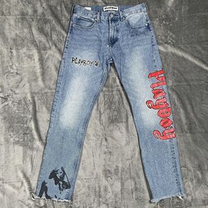 Playboy Slim Taper Jeans Mens 30x30 Blue Medium Wash Graphic Logo Denim